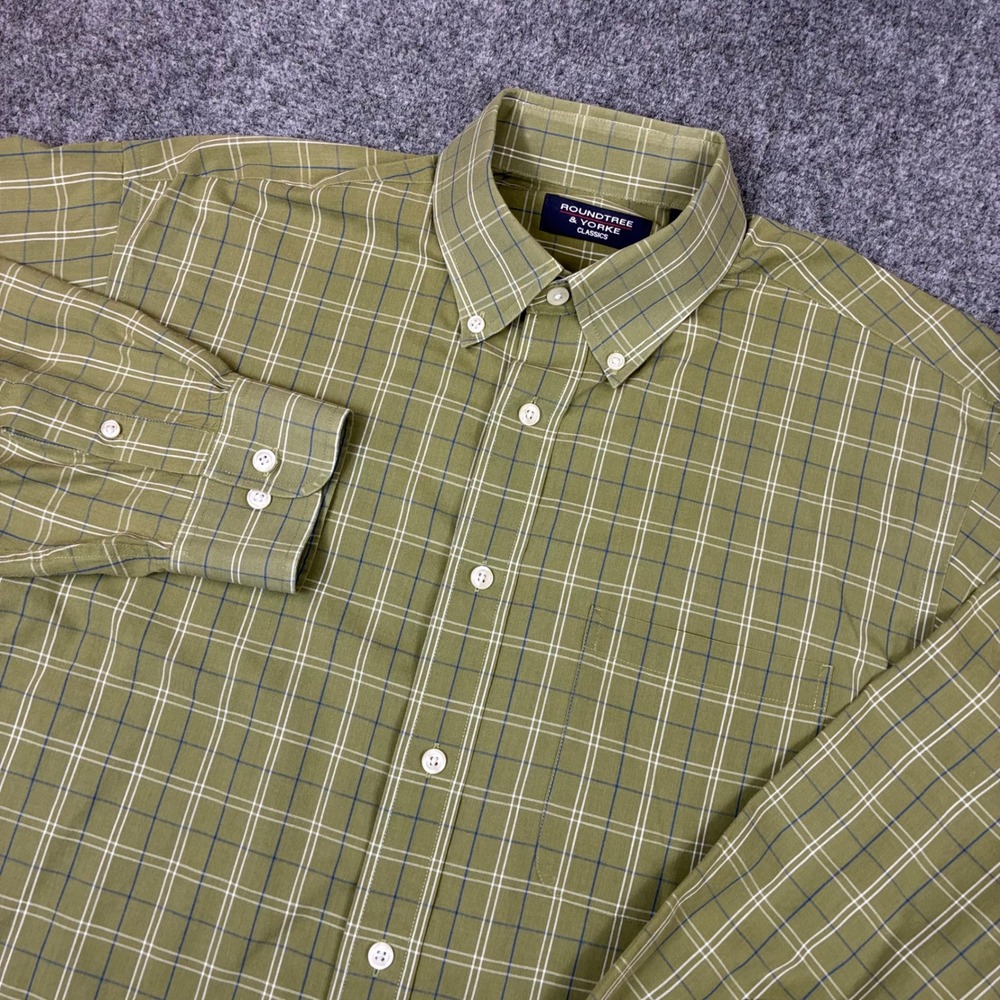 Roundtree & Yorke Classics Mens Size Large Olive Green Plaid Button Down Shirt